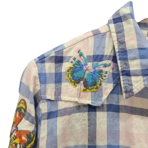 Johnny Was Blue Plaid Embroidered Top with Butterflies - Picture 3 of 9